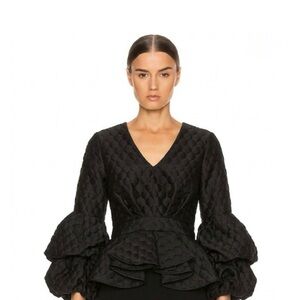 Johanna Ortiz Maia Elegant Chic Black Jacquard Peplum Puff Sleeve Top Size XS